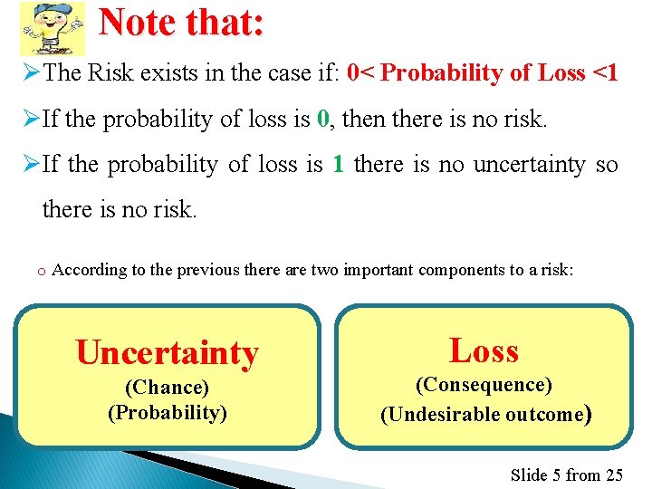 Note that: ØThe Risk exists in the case if: 0< Probability of Loss <1