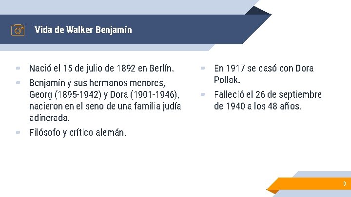 Vida de Walker Benjamín ▰ Nació el 15 de julio de 1892 en Berlín. Vida de Walker Benjamín ▰ Nació el 15 de julio de 1892 en Berlín.