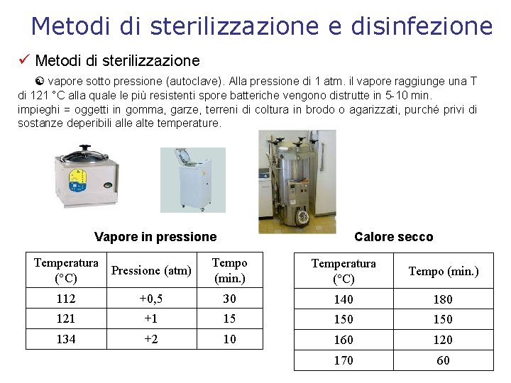 Metodi di sterilizzazione e disinfezione Metodi di sterilizzazione vapore sotto pressione (autoclave). Alla pressione