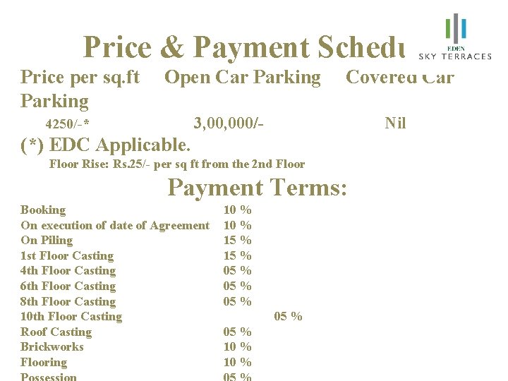  Price & Payment Schedule Price per sq. ft Open Car Parking Covered Car