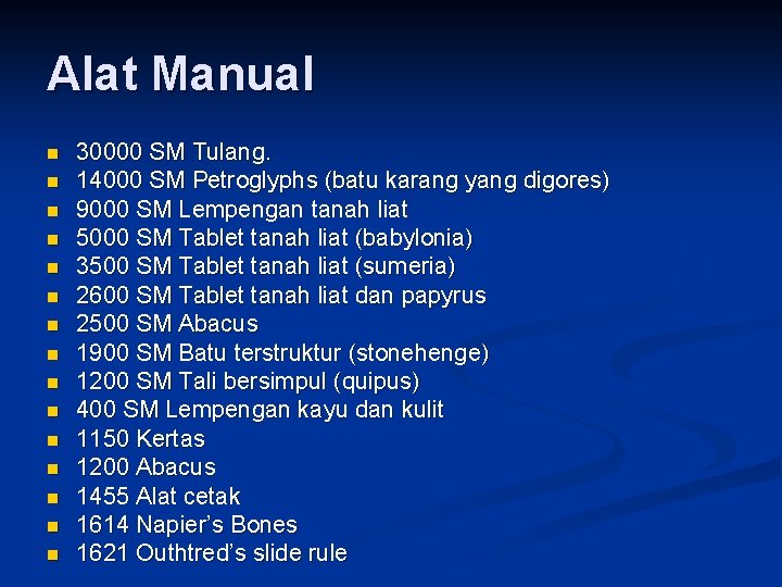 Alat Manual n n n n 30000 SM Tulang. 14000 SM Petroglyphs (batu karang