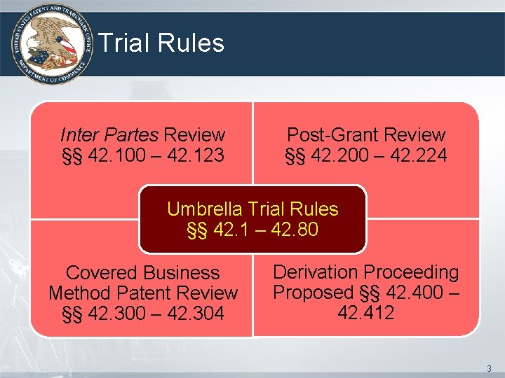 Trial Rules Inter Partes Review §§ 42. 100 – 42. 123 Post-Grant Review §§