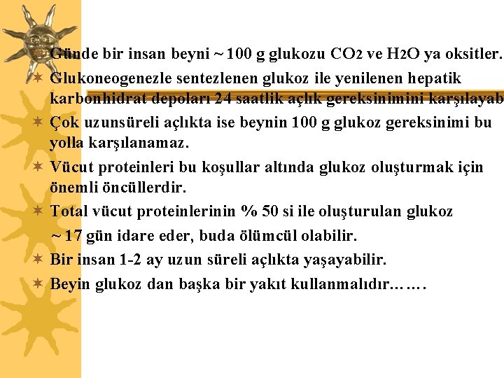 ¬ Günde bir insan beyni ~ 100 g glukozu CO 2 ve H 2