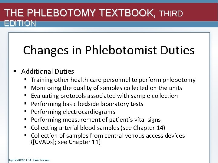 THE PHLEBOTOMY TEXTBOOK, THIRD EDITION Changes in Phlebotomist Duties § Additional Duties § §