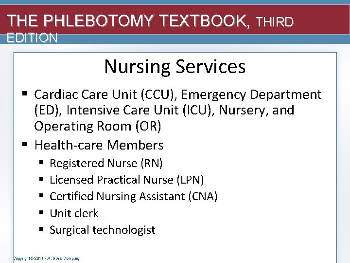 THE PHLEBOTOMY TEXTBOOK, THIRD EDITION Nursing Services § Cardiac Care Unit (CCU), Emergency Department