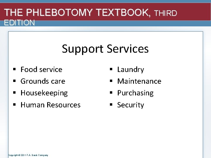 THE PHLEBOTOMY TEXTBOOK, THIRD EDITION Support Services § § Food service Grounds care Housekeeping
