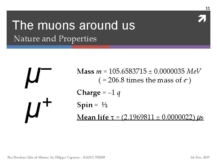 11 The muons around us Nature and Properties – μ Mass m = 105.