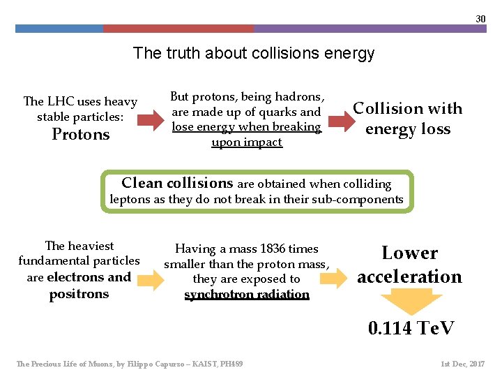 30 The truth about collisions energy The LHC uses heavy stable particles: Protons But