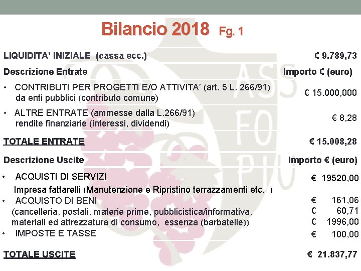 Bilancio 2018 Fg. 1 LIQUIDITA’ INIZIALE (cassa ecc. ) Descrizione Entrate € 9. 789,