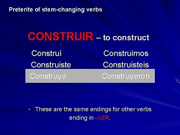 Preterite of stem-changing verbs CONSTRUIR – to construct Construí Construiste Construyó Construimos Construisteis Construyeron