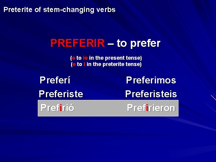 Preterite of stem-changing verbs PREFERIR – to prefer (e to ie in the present