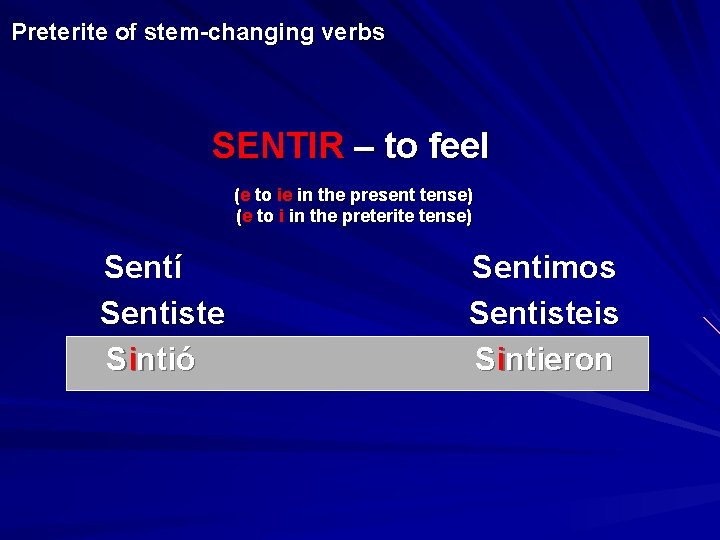 Preterite of stem-changing verbs SENTIR – to feel (e to ie in the present