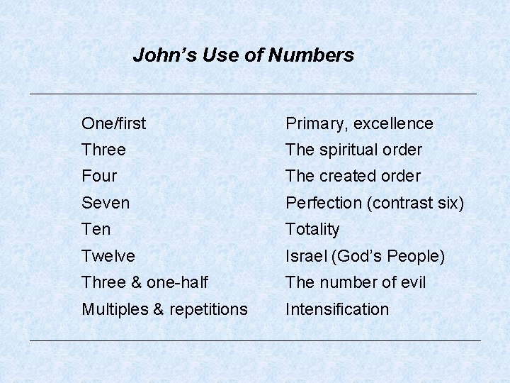 John’s Use of Numbers One/first Primary, excellence Three The spiritual order Four The created