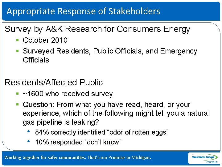 Appropriate Response of Stakeholders Survey by A&K Research for Consumers Energy § October 2010