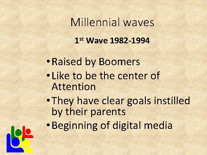 Millennial waves 1 st Wave 1982 -1994 • Raised by Boomers • Like to