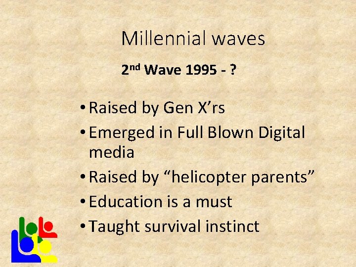 Millennial waves 2 nd Wave 1995 - ? • Raised by Gen X’rs •