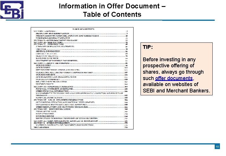 Information in Offer Document – Table of Contents TIP: Before investing in any prospective