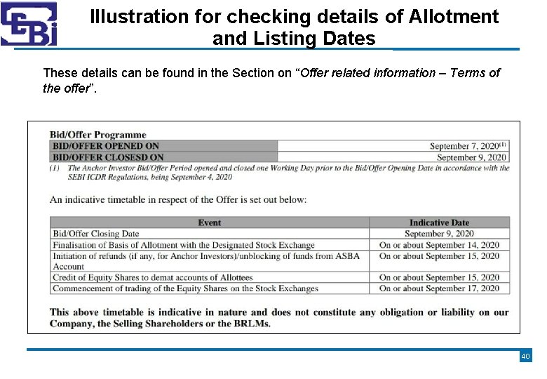 Illustration for checking details of Allotment and Listing Dates These details can be found