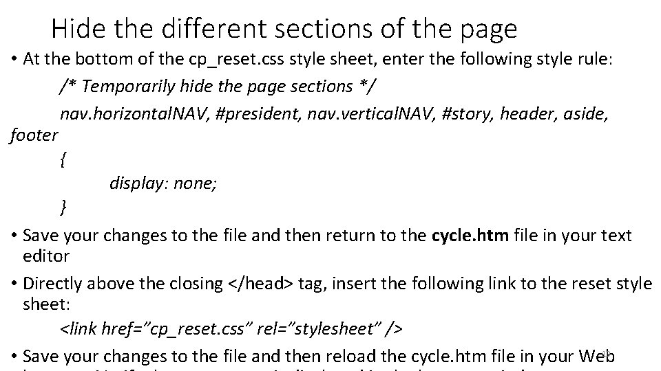 Hide the different sections of the page • At the bottom of the cp_reset.