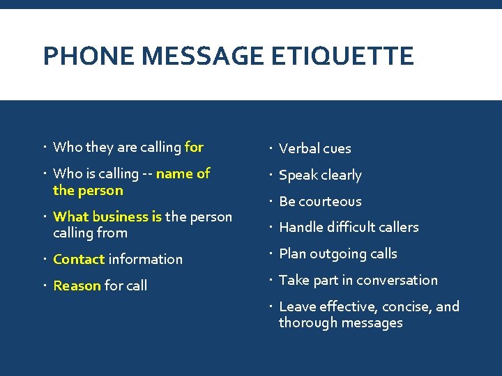 PHONE MESSAGE ETIQUETTE Who they are calling for Verbal cues Who is calling --