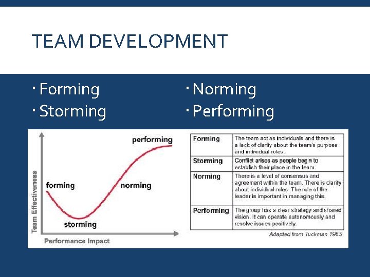 TEAM DEVELOPMENT Forming Storming Norming Performing 