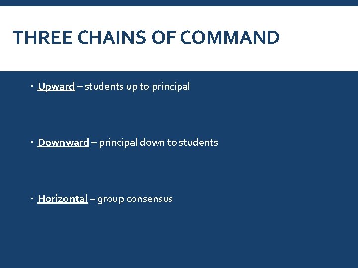 THREE CHAINS OF COMMAND Upward – students up to principal Downward – principal down