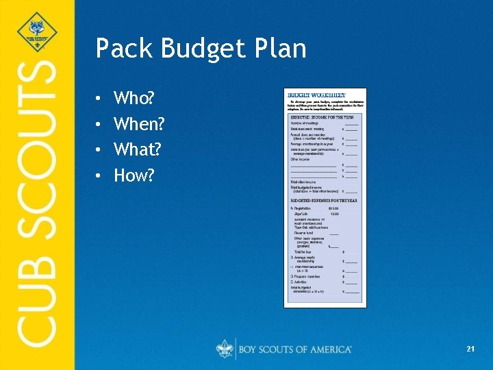 Pack Budget Plan • • Who? When? What? How? 21 