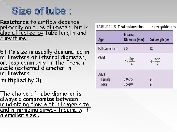 Size of tube : Resistance to airflow depends primarily on tube diameter, but is
