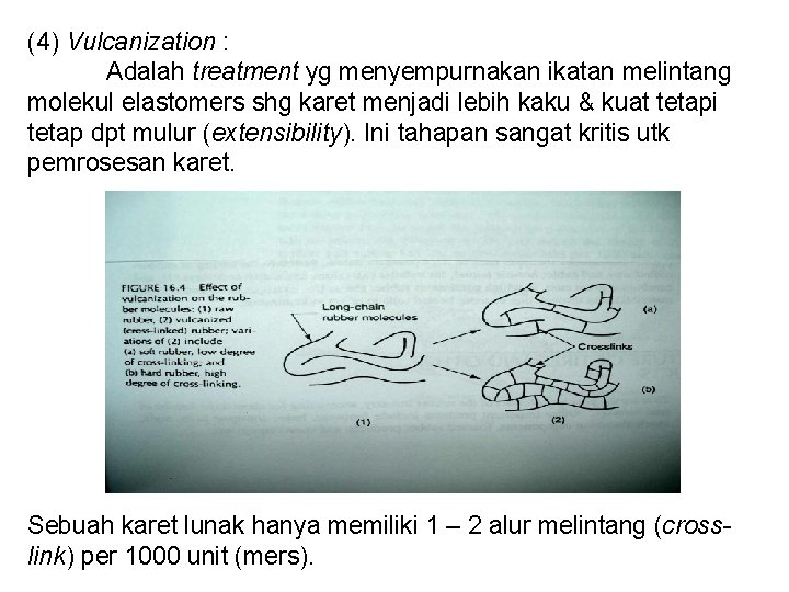 (4) Vulcanization : Adalah treatment yg menyempurnakan ikatan melintang molekul elastomers shg karet menjadi