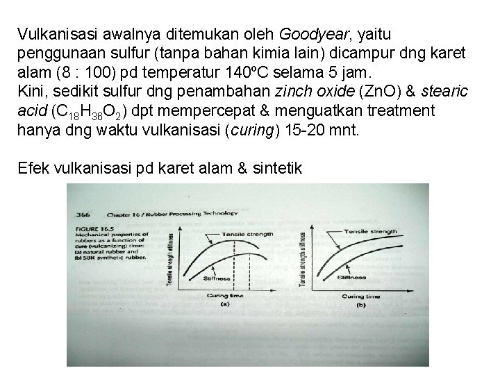 Vulkanisasi awalnya ditemukan oleh Goodyear, yaitu penggunaan sulfur (tanpa bahan kimia lain) dicampur dng