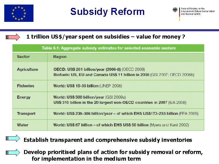 Subsidy Reform 1 trillion US$/year spent on subsidies – value for money ? Establish