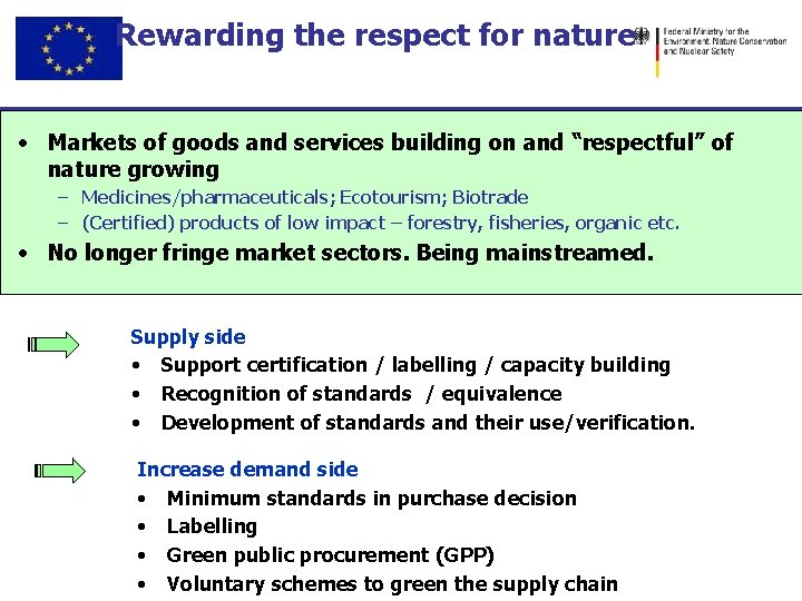 Rewarding the respect for nature • Markets of goods and services building on and