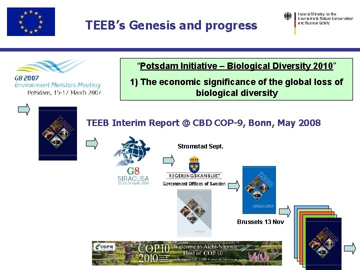 TEEB’s Genesis and progress “Potsdam Initiative – Biological Diversity 2010” 1) The economic significance