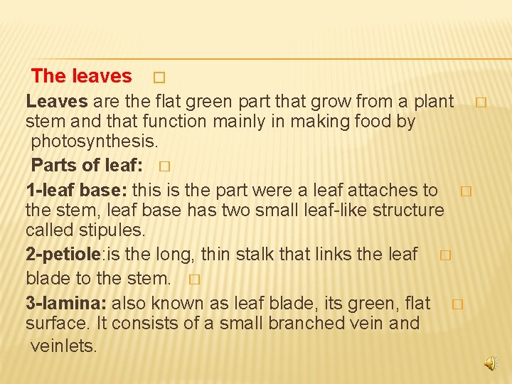 The leaves � Leaves are the flat green part that grow from a