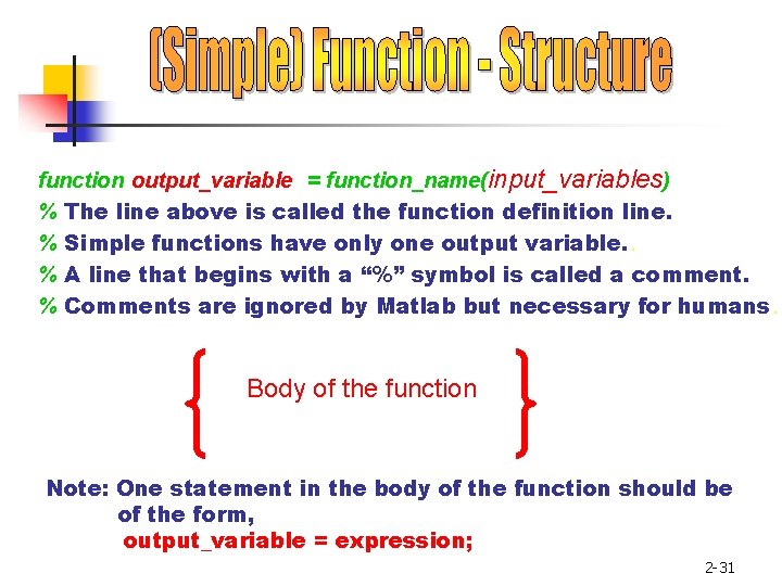 function output_variable = function_name(input_variables) % The line above is called the function definition line.