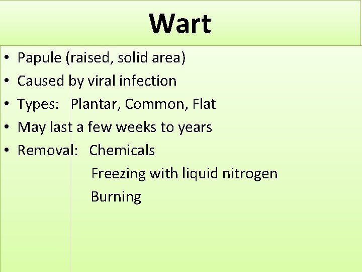 Wart • • • Papule (raised, solid area) Caused by viral infection Types: Plantar,