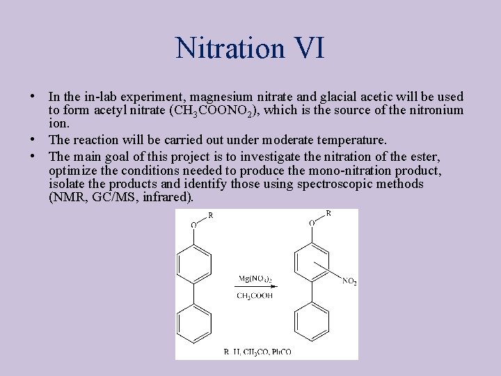 Nitration VI • In the in-lab experiment, magnesium nitrate and glacial acetic will be