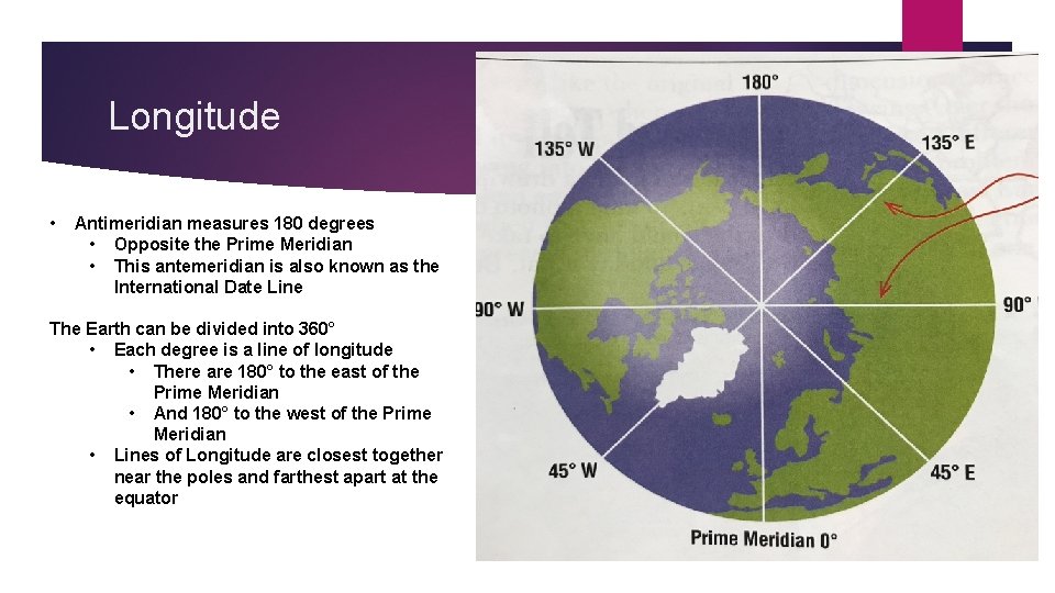 Longitude • Antimeridian measures 180 degrees • Opposite the Prime Meridian • This antemeridian