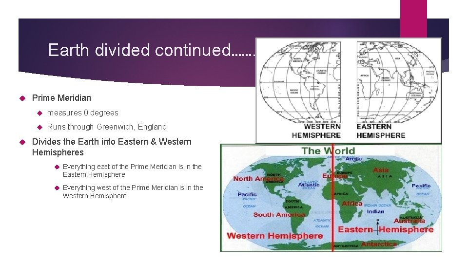 Earth divided continued……. . Prime Meridian measures 0 degrees Runs through Greenwich, England Divides