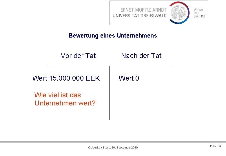 Bewertung eines Unternehmens Vor der Tat Wert 15. 000 EEK Nach der Tat Wert