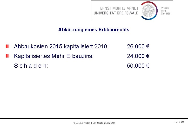 Abkürzung eines Erbbaurechts Abbaukosten 2015 kapitalisiert 2010: 26. 000 € Kapitalisiertes Mehr Erbauzins: 24.