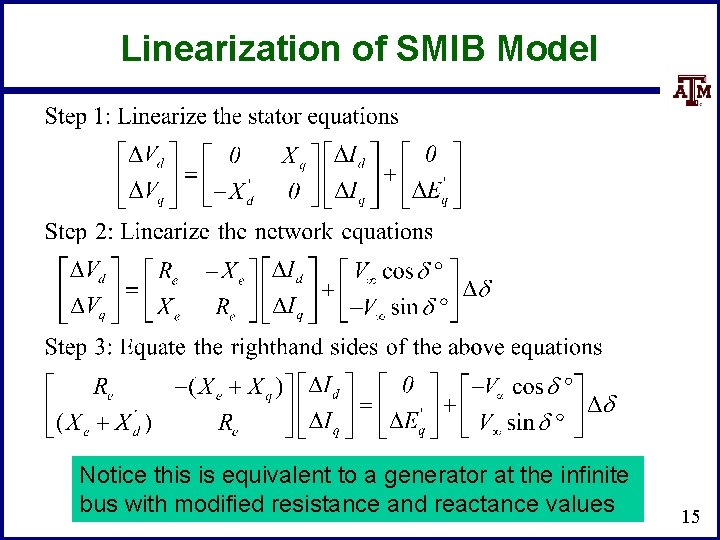 Linearization of SMIB Model Notice this is equivalent to a generator at the infinite