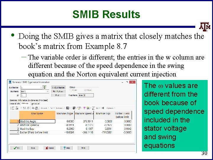 SMIB Results • Doing the SMIB gives a matrix that closely matches the book’s