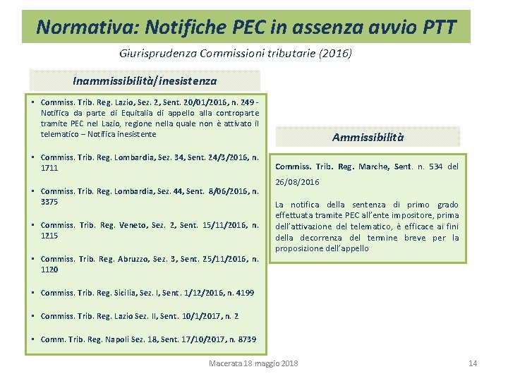 Normativa: Notifiche PEC in assenza avvio PTT Giurisprudenza Commissioni tributarie (2016) Inammissibilità/inesistenza • Commiss. Normativa: Notifiche PEC in assenza avvio PTT Giurisprudenza Commissioni tributarie (2016) Inammissibilità/inesistenza • Commiss.