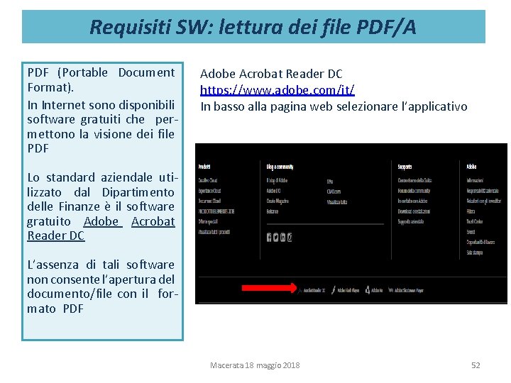 Requisiti SW: lettura dei file PDF/A PDF (Portable Document Format). In Internet sono disponibili Requisiti SW: lettura dei file PDF/A PDF (Portable Document Format). In Internet sono disponibili