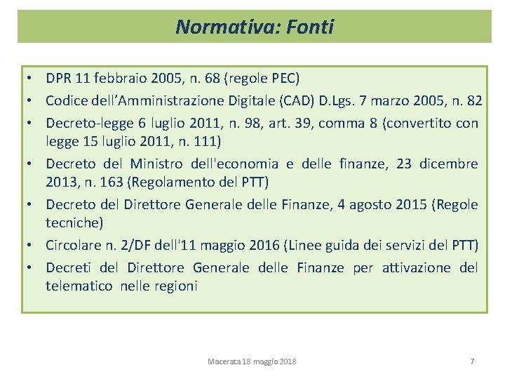 Normativa: Fonti • DPR 11 febbraio 2005, n. 68 (regole PEC) • Codice dell’Amministrazione Normativa: Fonti • DPR 11 febbraio 2005, n. 68 (regole PEC) • Codice dell’Amministrazione