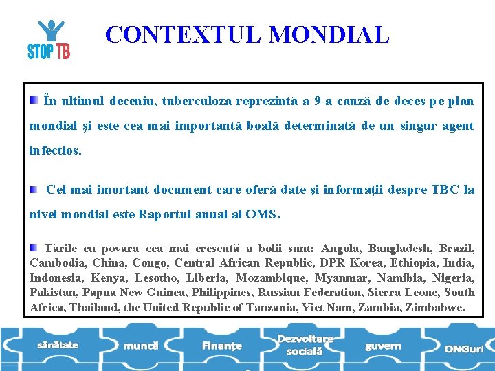 CONTEXTUL MONDIAL În ultimul deceniu, tuberculoza reprezintă a 9 -a cauză de deces pe