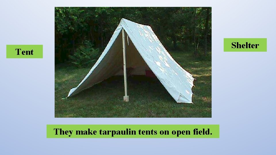 Shelter Tent They make tarpaulin tents on open field. 