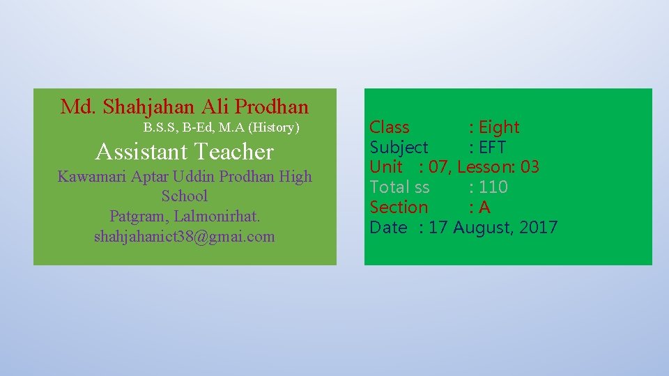 Md. Shahjahan Ali Prodhan B. S. S, B-Ed, M. A (History) Assistant Teacher Kawamari