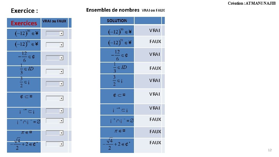 Création : ATMANI NAJIB Exercice : Exercices Ensembles de nombres VRAI ou FAUX SOLUTION Création : ATMANI NAJIB Exercice : Exercices Ensembles de nombres VRAI ou FAUX SOLUTION